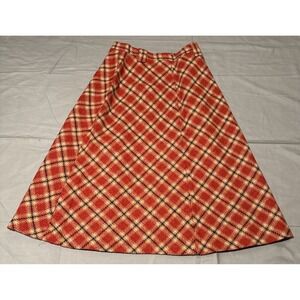 Vintage Prestige of Boston Plaid A-Line Skirt Orange Cream Navy Wool Blend Midi